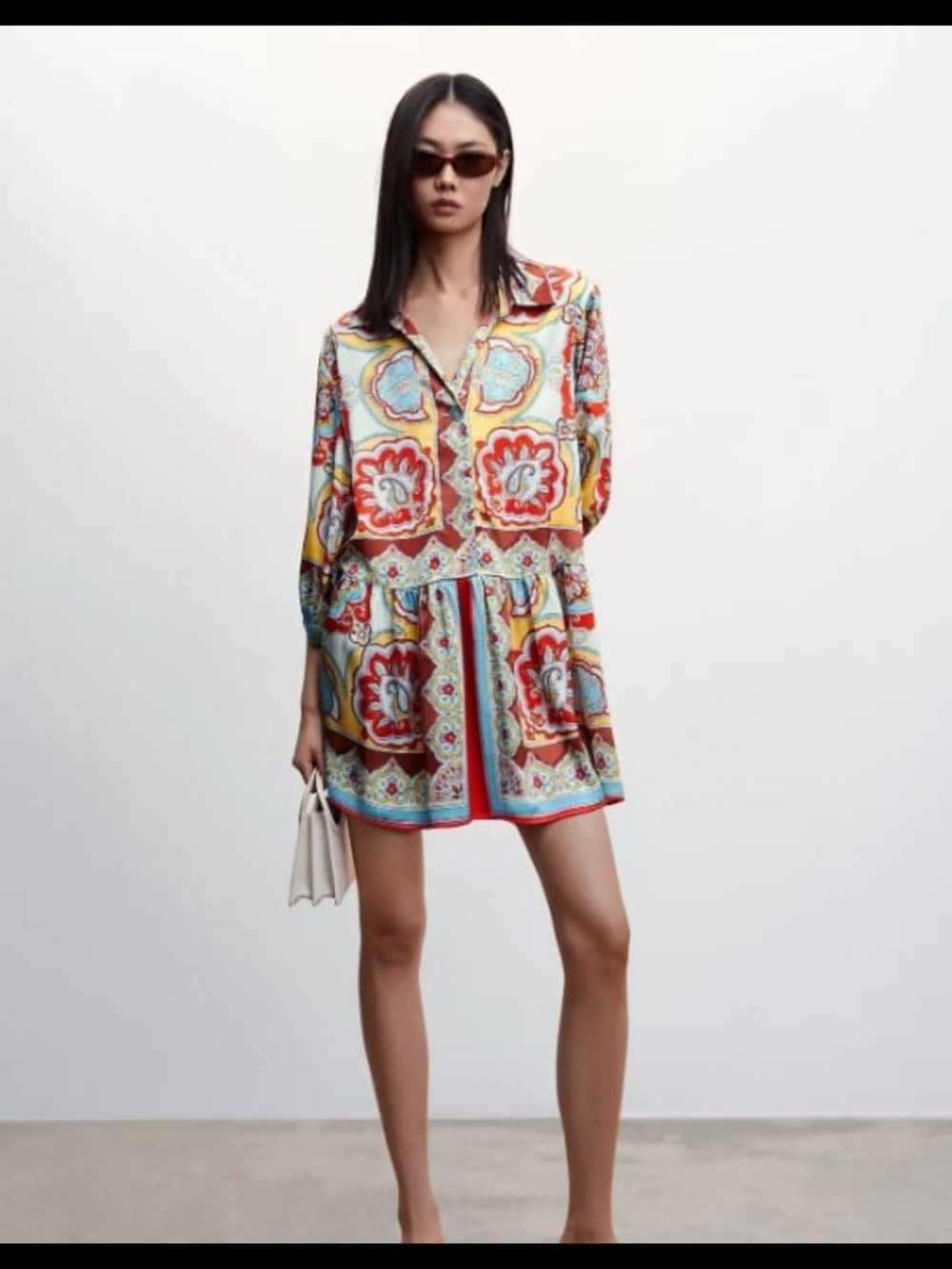 Mango Multicolor Tile-Print Mini Dress with Red, Yellow and Turquoise Accents